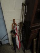 BRASS RAIL WALKING STICK, UMBRELLA, SILVER TOPPED WALKING CANE ETC