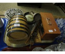 TEAK FRAMED BAROMETER, SILVER PLATED BOWL AND OAK BARREL ON STAND