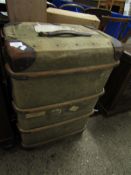LEATHER, CANVAS AND BEECHWOOD BOUND TRAVELLING TRUNK