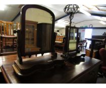 TWO VICTORIAN DRESSING TABLE MIRRORS AND A FURTHER METAL WORK CANDLE STAND (3)