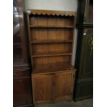 19TH CENTURY PINE DRESSER OF SMALL PROPORTIONS WITH THREE OPEN SHELVES OVER TWO PANELLED CUPBOARD