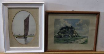 K Buckley, signed watercolour, Wherry on the Broads, 16 x 11cm, oval, together with a further