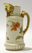 Royal Worcester cylindrical jug with mask type spout picked out in gilt and gilt handle, the body