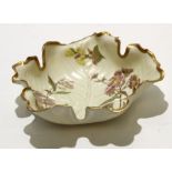 Royal Worcester blush shaped bowl with typical floral decoration in gilt and puce with Worcester