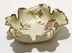 Royal Worcester blush shaped bowl with typical floral decoration in gilt and puce with Worcester