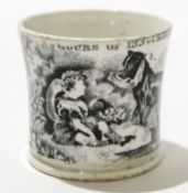 Mid-19th century Staffordshire mug with a print below a caption "The hours of innocence", 6cm high