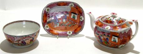 Late 18th century New Hall tea pot and stand with the boy in the window pattern, together with a