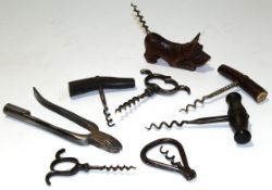 Collection of various corkscrews and other implements