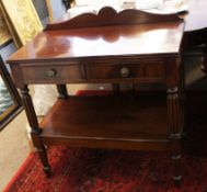 Mahogany two-tier wash stand with short pediment over two frieze drawers and an open shelf below,