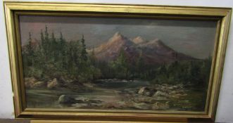 Indistinctly signed oil on board, Continental mountain river landscape, 30 x 60cm