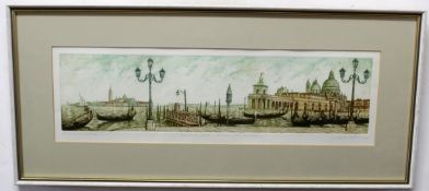 Indistinctly signed in pencil to margin, coloured etching, Venice, 13 x 54cm