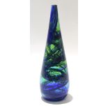 Cylindrical Art glass vase with a blue and green design, the base etched "Michael Harris, Isle of