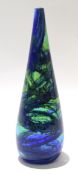 Cylindrical Art glass vase with a blue and green design, the base etched "Michael Harris, Isle of