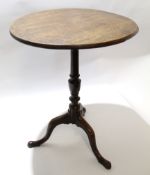 Oak topped circular pedestal table on walnut support with tripod base, 50cm diam