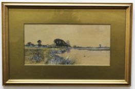 F G Fraser, signed pair of watercolours, Fenland landscapes, 17 x 36cm (2)