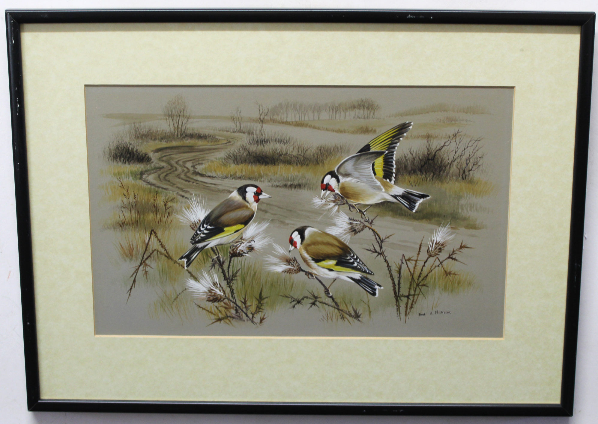 Paul A Nicholas, signed watercolour and gouache, Goldfinches, 20 x 32cm