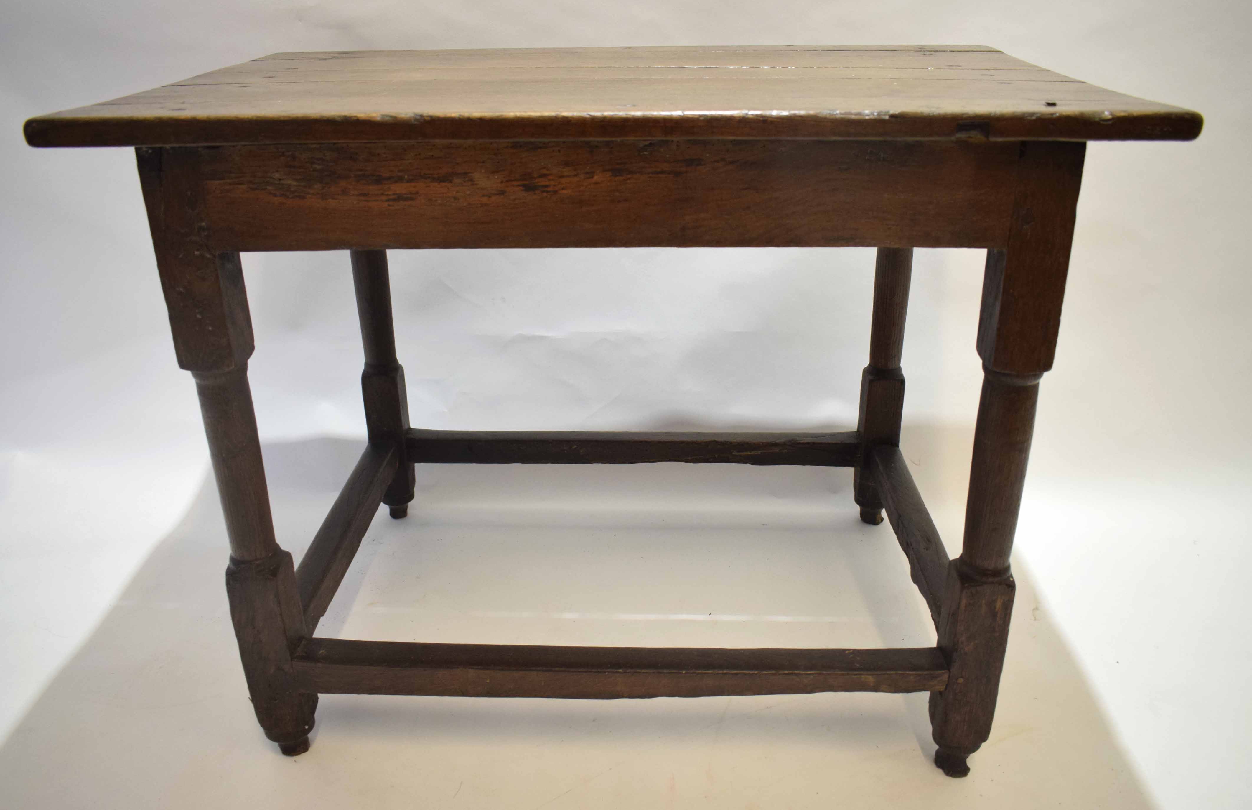 17th/18th century and later oak side table, plank top over a plain frieze raised on cylindrical - Image 2 of 3
