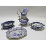 Group of 19th century blue transfer wares together with an early 19th century pearl ware reticulated