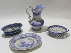 Group of 19th century blue transfer wares together with an early 19th century pearl ware reticulated