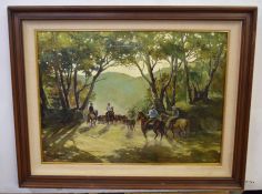 Indistinctly signed and dated 1982, oil on canvas, American landscape with cowboys on horseback,