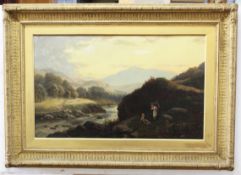 Eleanor Brown, signed oil on canvas, Highland landscape with figures, 55 x 90cm