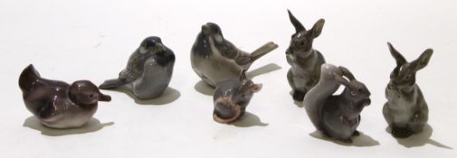 Group of Royal Copenhagen models including a mouse, two rabbits and a squirrel, plus a small bird (