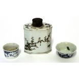 18th century Chinese porcelain tea caddy decorated en grisaille with a bird on a branch to the front