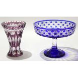 Bohemian style glass vase with a flashed purple design together with a Bohemian style glass tazza