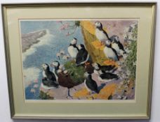 After C F Tunnicliffe, limited edition (66/350) coloured print, Puffins, 33 x 46cm