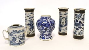 Group of 19th century Chinese porcelain wares comprising pair of cylindrical vases and a further