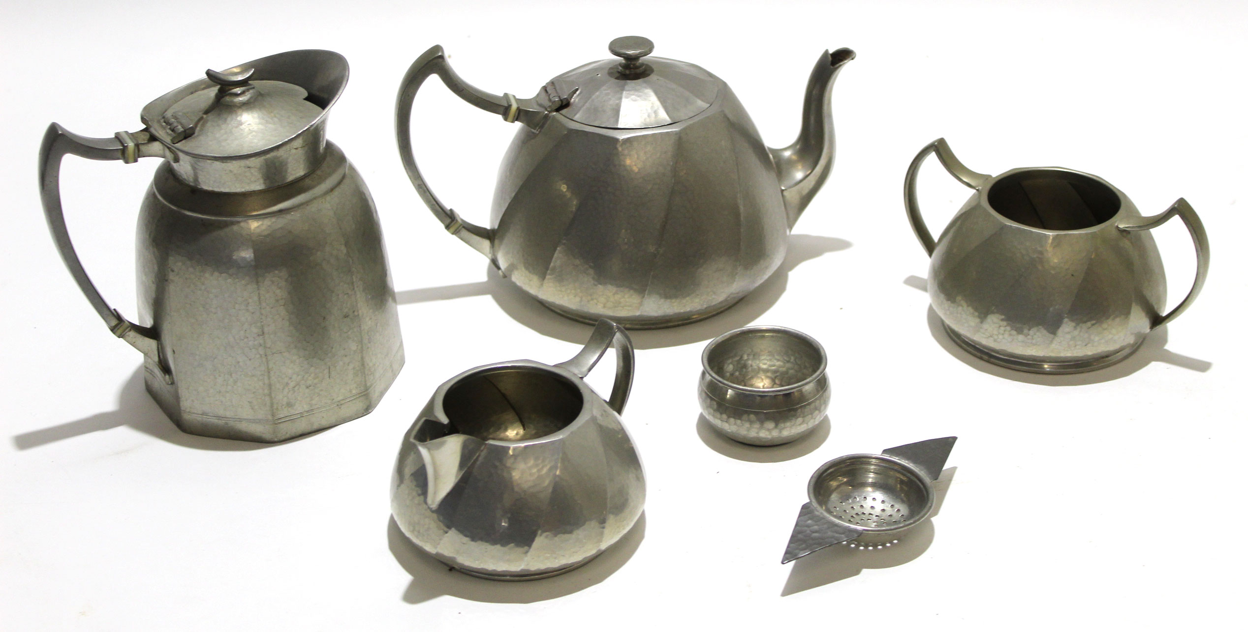 James Dixon & Sons Art Deco pewter tea pot, milk jug, sugar bowl and hot water jug, all in pewter