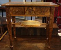 Oak and burr oak modern small side table/lowboy, frieze with two drawers and carved in the centre