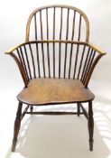 Oak/elm stick back Windsor kitchen chair with solid seat and H-stretcher