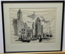 Ollenbach, signed pen and ink drawing, Michigan Avenue Bridge from the corner of Michigan Avenue and