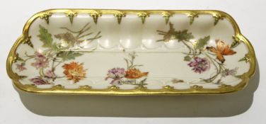 Royal Worcester pin tray or dish, the blush body with floral sprays within a gilt dentil border,