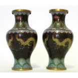 Pair of cloisonne vases with polychrome enamelled decoration of the dragon chasing the flaming
