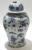 Chinese porcelain temple jar and cover with blue and white design, 45cm high