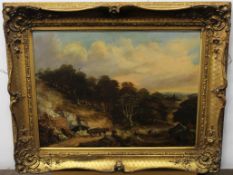 19th century English School oil on canvas, Mountain landscape with horse, cart and workers,