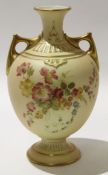 Worcester vase, the baluster body with gilt handles and blush ground with floral sprays, Worcester