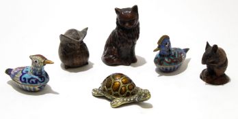 Two cloiosonne models of ducks, a further costume jewellery model of a tortoise and a wooden mouse