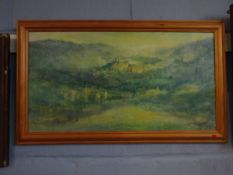 Hank Laventhol, signed oil on canvas, "Lake Reflections", 34 x 64cm