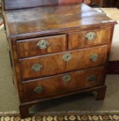 18th century walnut small chest, cross banded top over two short and two full width drawers on