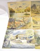 E Grieg Hall, folder of nine signed watercolours, "Loch Lulla", "Wythburn Church", "Bishop