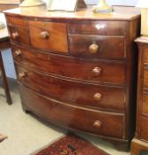 Victorian bow fronted mahogany chest of six drawers on shortened bracket feet, 49cm wide