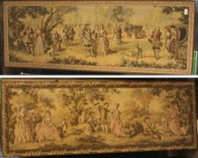 Two 20th century Aubusson style tapestry pictures, each depicting figures in a garden, 152 x 56cm (