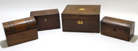 Collection of wooden boxes, one square box modelled as a writing slope, two further mahogany and