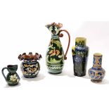 Group of pottery Aller Vale wares with various slip designs comprising large jug, vase, further