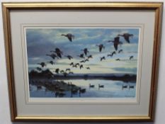 After Peter Scott, limited edition (857/1250) coloured print, "Greylags coming to roost outside