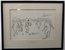 J W Taylor, signed pen and ink drawing, "Its my typing finger (cricket match)", 21 x 31cm