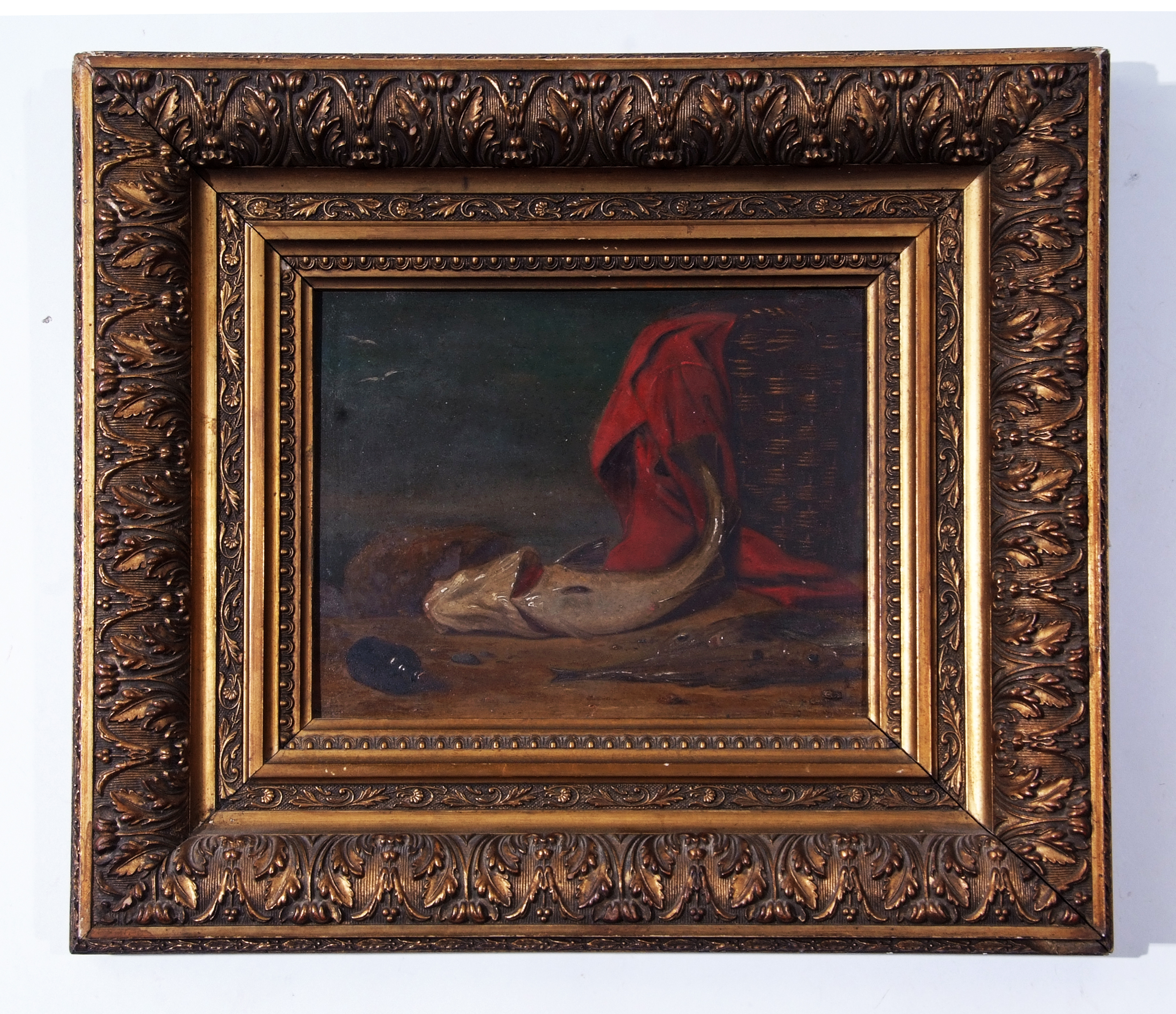 Attributed to Alfred Stannard (1806-1889),Still life study of fish and basket, oil on panel,18 x